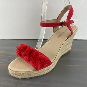 Saks Fifth Avenue Espadrille Wedge Ankle Strap Sandals 7.5 Red Pom Pom Leather